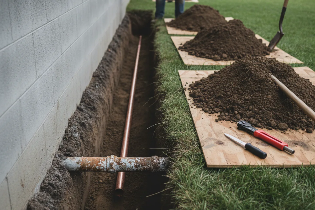 Excavated water line trench during Water Softener Installation in San Manuel